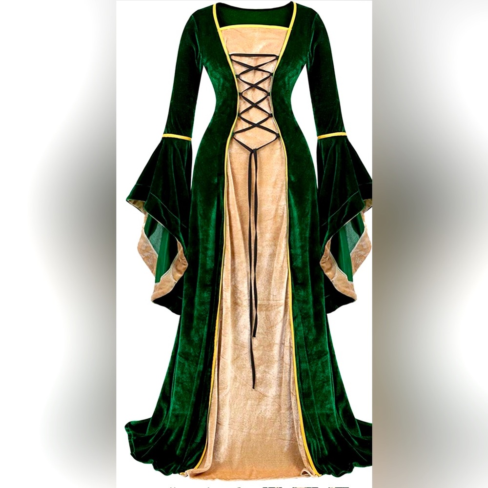 Elegant medieval long dress, flare sleeve, floor length